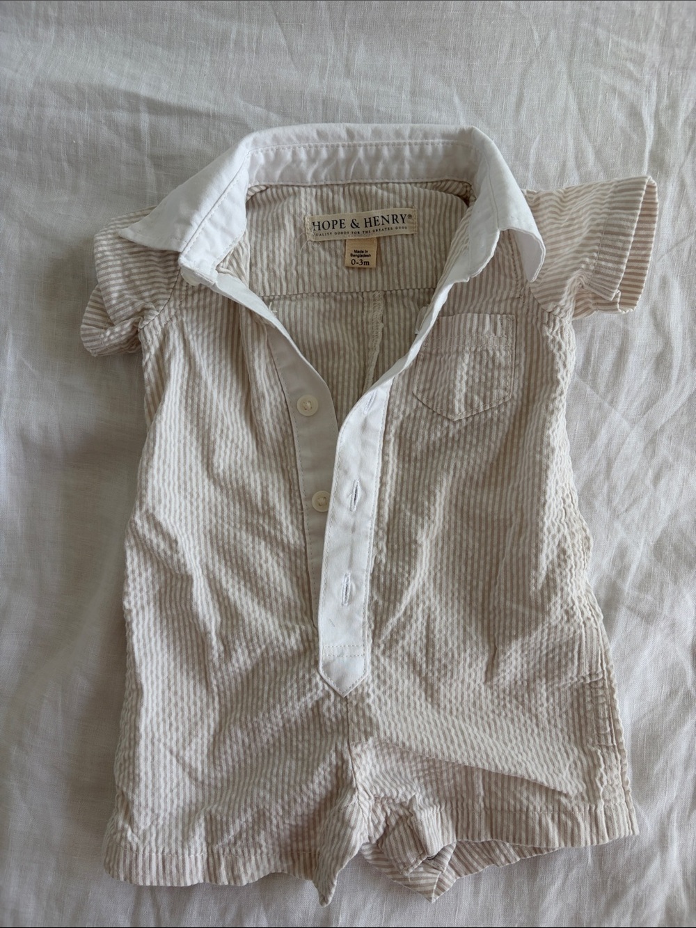 Hope & Henry Beige Striped Short-Sleeve Button Romper
